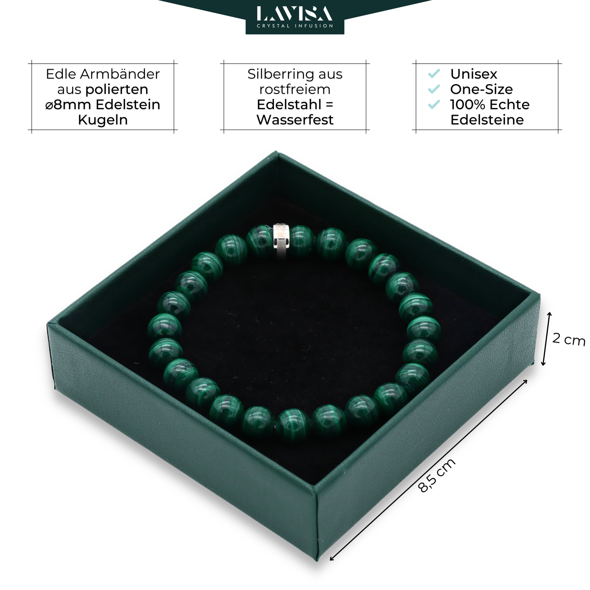 Malachit Edelstein Armbänder lavisa 10 Varianten 8mm Perlen Kristallarmband